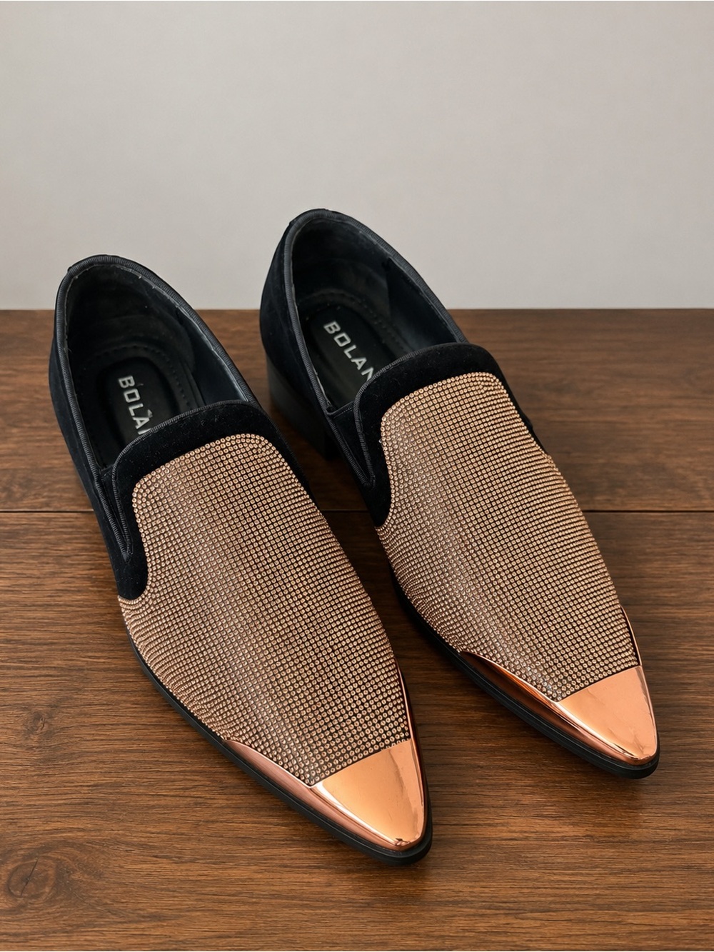 Bolan Black and Rose Gold Crystal-Embellished Slip-On Loafers for Men